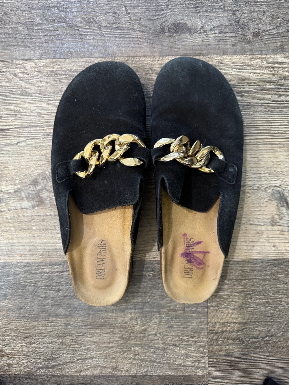 Dream Pairs Black Suede Slip-On Mules with Gold Chain